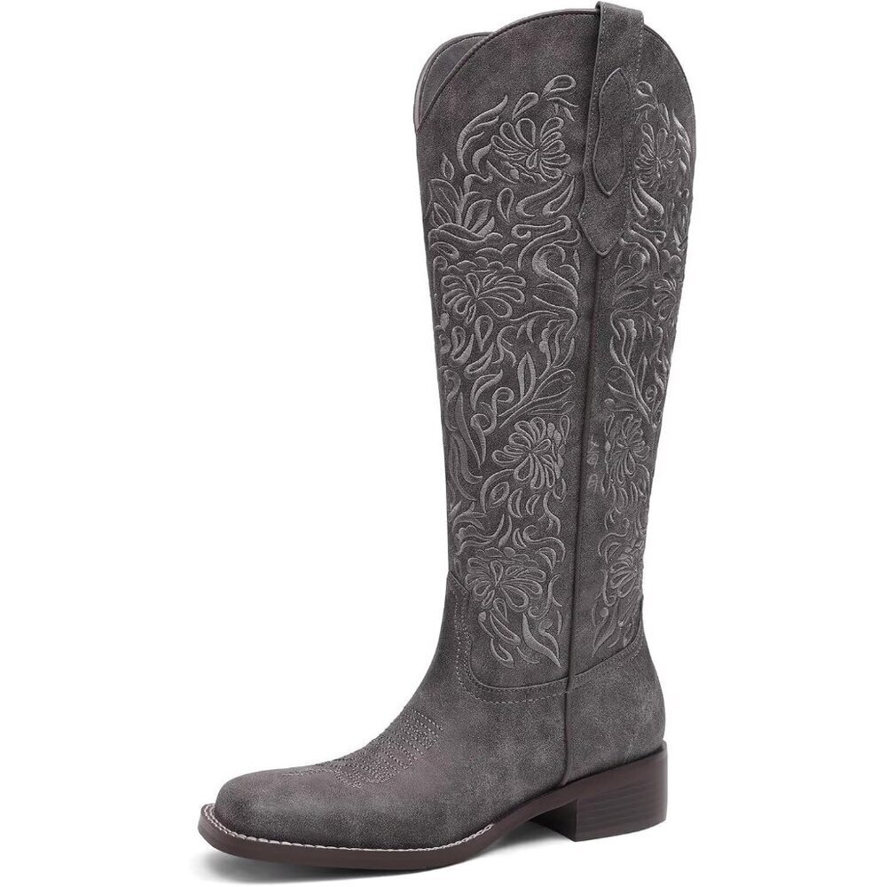 Women's Grey Embroidered Knee High Low Block Heel Cowgirl Riding Boots